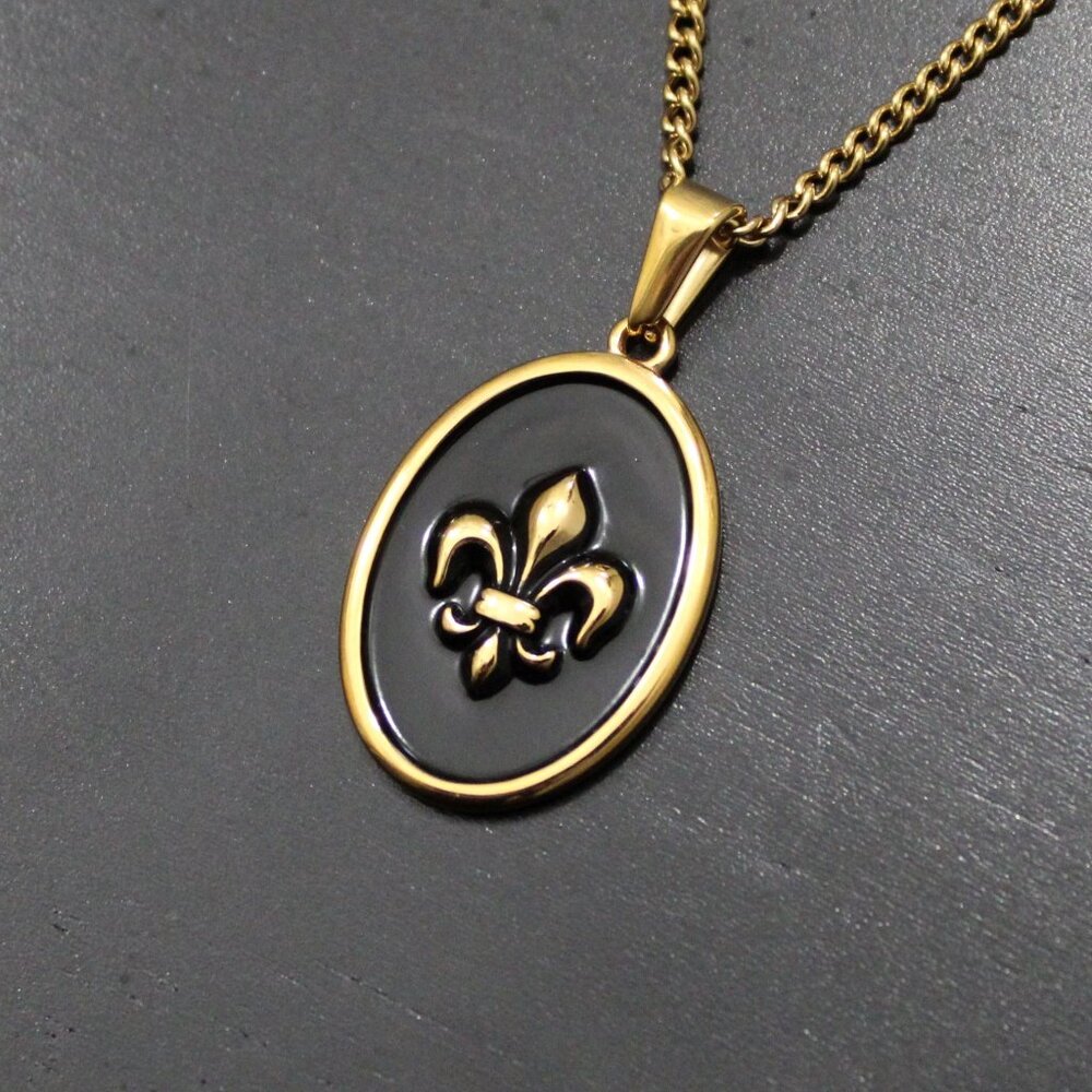 Gold Fleur De Lis Pendant Chain Necklace Enamel